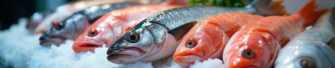 Close-up of fresh whole fish on ice at market, ice, seafood, fish