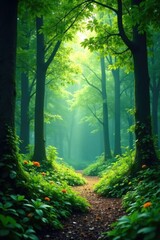 Fototapeta premium Lush green forest with dense foliage and trees, foliage, foliage, greenery