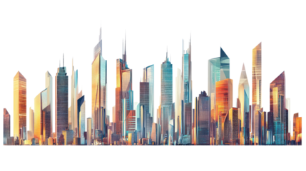 Futuristic skyline with glass buildings and vibrant colors, featuring modern architectural designs.