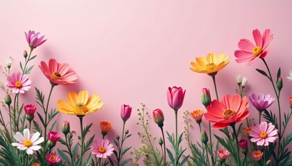Obraz premium Breathtaking wildflowers in full bloom set on a delicate pink canvas, floral, fresh, delicate