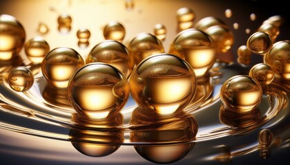Obraz premium elegant depiction of gold serum bubbles with soft reflections emphasizing the luxurious essence of beauty products radiant and refined visual