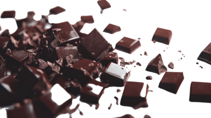 Delicious dark chocolate pieces scattered on a dark surface, ideal for dessert recipes and chocolate lovers.
