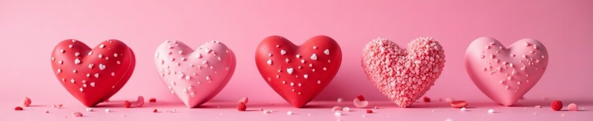 Fototapeta premium Close up of heart-shaped sweet treats on a pink background for Valentine's Day, celebration, valentine, love