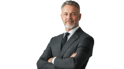 Confident mature man in a suit with a smile, arms crossed, isolated on a white background.