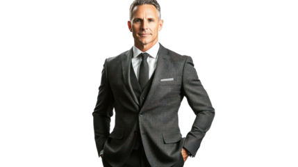 Confident businessman in a tailored suit, standing with hands in pockets against a white background.