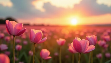 Soft pink petals swaying gently in the breeze, sunset, field