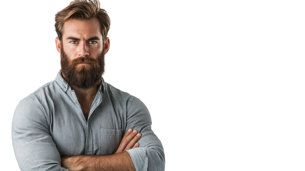 Confident man with a beard, wearing a light blue shirt, standing with arms crossed against a white background.