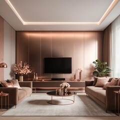 Modern Living Room Interior with Rose Gold Accents