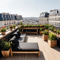Parisian Rooftop Terrace with Modern Furniture and City View