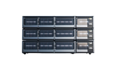 Obraz premium Commercial refrigeration units with glass doors, white isolated background.