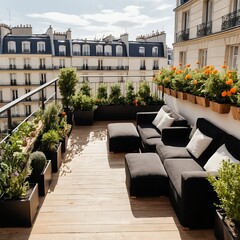 Obraz premium Parisian Rooftop Terrace with Modern Furniture and Lush Greenery