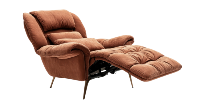 Cozy brown recliner chair, perfect for relaxation and comfort in any living space, on white isolated background.