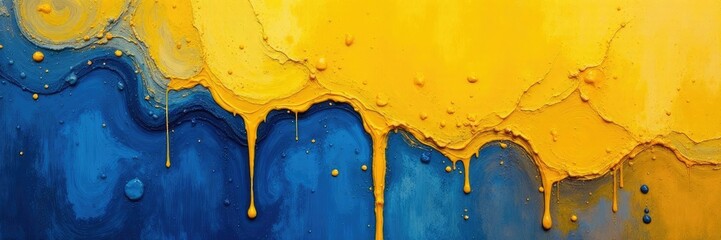 Yellow ochre drips merge with cobalt blue on canvas, abstract, art, artistic