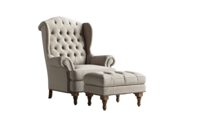 Elegant tufted armchair with matching ottoman on a white isolated background.