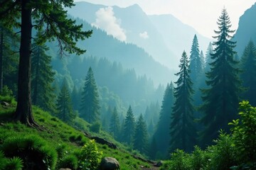 Fototapeta premium Dense forest landscape with misty atmosphere, foliage, blue, trees