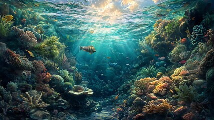 Naklejka premium Underwater coral reef vibrant marine life