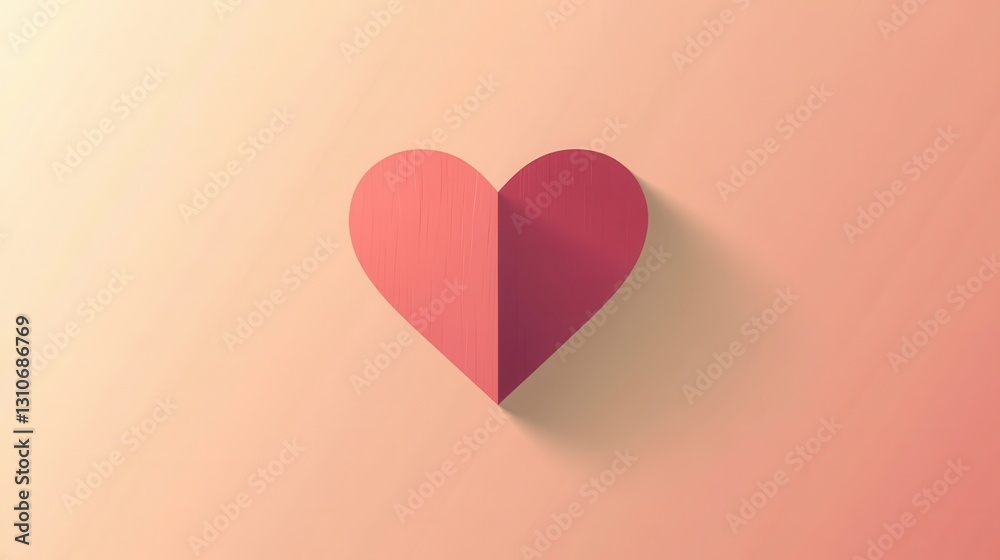 Poster minimalist heart icon featuring warm pink tones with soft shadows in a flat design setting, perfect 