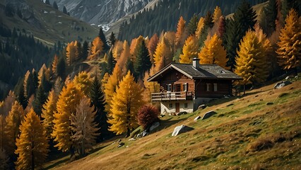 Autumnal Scenery in the Swiss Alps with a Cabin and Trees