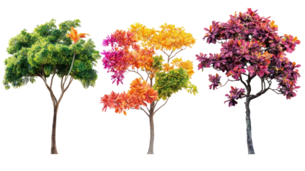 Three vibrant trees showcasing green, orange, and purple foliage on a white isolated background.