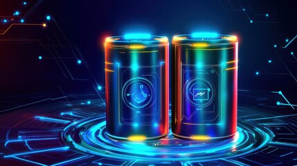 Futuristic Digital Jars with Neon Glow and Abstract Technology Background