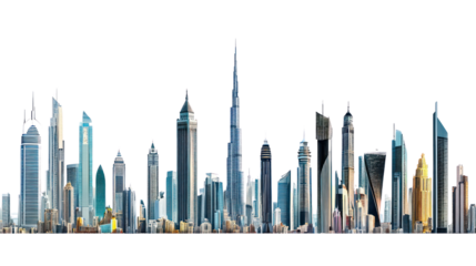 A stunning skyline featuring modern skyscrapers against a clear sky.