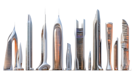 A collection of modern skyscrapers showcasing innovative designs and unique architectural styles against a white background.
