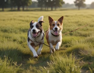 Dog on a leash running freely in an open field, run, natural, landscape