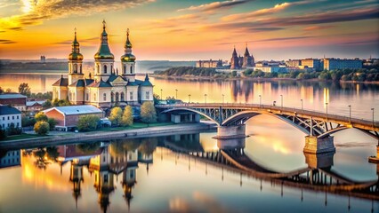 Naklejka premium Minimalist Nizhny Novgorod: Cityscape, Church, & River Bridge