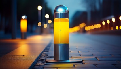soft focus of retractable electric bollard metallic pole with a yellow reflective stripe and warning light on stones road automatic pillar for fencing security barrier remote access co generative ai