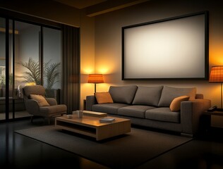 Cozy Living Room with Large Empty Frame