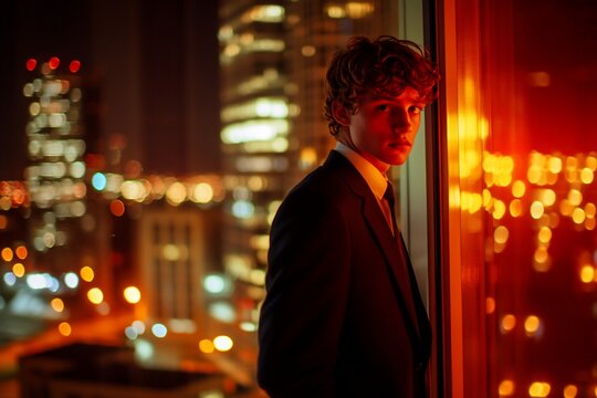 Young man in suit looking out window at night city.