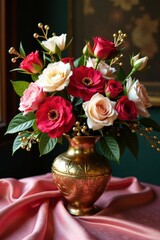Obraz premium Elegant floral arrangement with gold accents and luxurious fabrics , luxury, fabrics, flowers