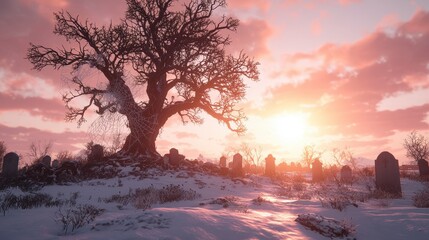 Eerie Sunset  Snowy Graveyard  Winter Landscape  Spooky Tree  Headstones