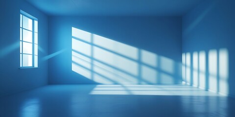 Obraz premium Peaceful interior scene featuring a glowing sunbeam through a window in a quiet blue room, ideal for background use in calm, spiritual, or architectural themes