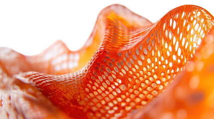 Close-up of an intricate orange mesh structure with flowing curves and patterns, showcasing fine textures and vibrant colors.