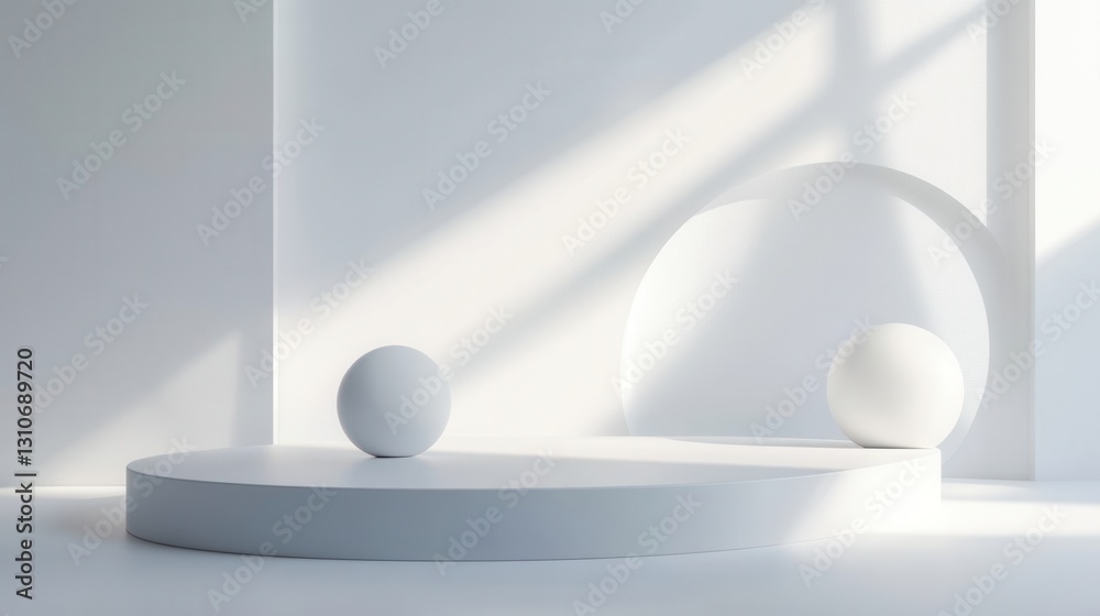 Aufkleber Floating 3D minimalist shapes on a white background with soft shadows highlighting futuristic design elements in an elegant space