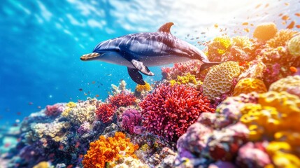 Obraz premium Dolphin swimming near vibrant coral reef underwater scene
