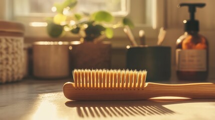 Natural Bamboo Hairbrush on Bathroom Counter with Sunlight
