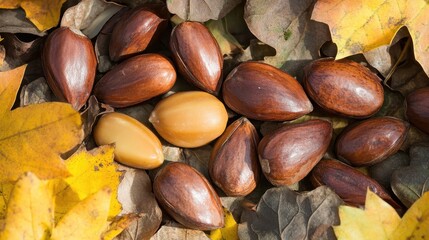 Nuts and Leaves in Autumn Display on Forest Floor with Colors