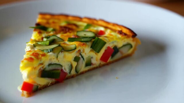 Close-up of a slice of frittata on a plate, showing vibrant layers of eggs and vegetables, bright morning light
