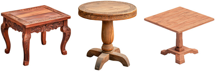 Three wooden tables with different designs and shapes. Perfect for furniture catalogs, interior design projects, or showcasing craftsmanship.
