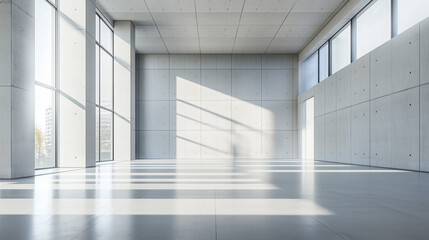 Obraz premium Modern concrete hall with glowing windows, embodying simplicity and clean minimalism in architectural design.