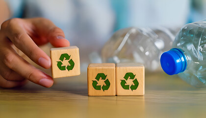 Hand holding wooden cube with recycle icon next to it is a plastic bottle. Recycling concept.