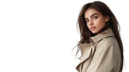 Portrait of a young woman with long hair in a stylish beige coat against a white background.