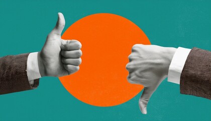 collage art shows hands with thumbs up down creative design on teal background orange circle adds contrast modern art piece representing different opinions positive negative feedback abstract