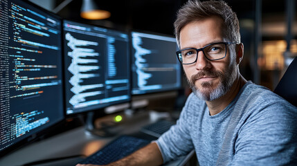Fototapeta premium cybersecurity coder working on penetration testing in modern office