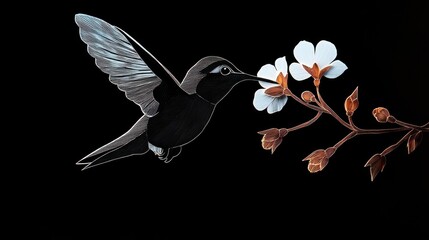 Obraz premium Graceful Bird in Flight Above Vibrant Blooming Flower in Nature Scene