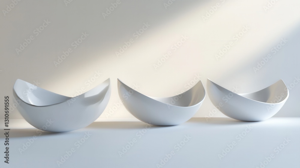 Poster Minimalist floating 3D shapes on a soft shadowed white background showcasing elegant light reflections in a futuristic design setting