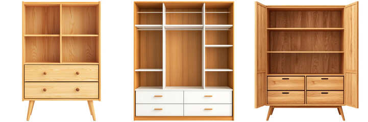 Illustration of wooden wardrobes with shelves and drawers for clothes and other items.
