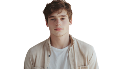 Casual portrait of a young man with tousled hair, wearing a light shirt, on a white isolated background.